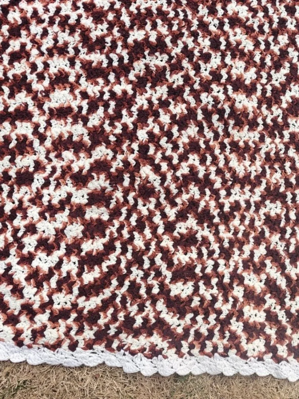 Vintage Hand-Crocheted Acrylic Throw Blanket Brown/White Pattern Rectangular